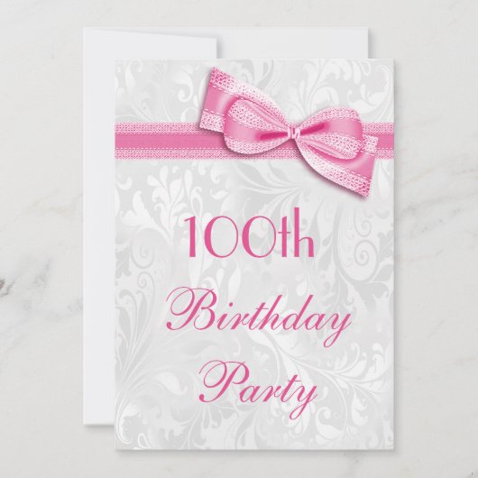 Invitation 100e anniversaire Damas et Pink Faux Bow (Devant)