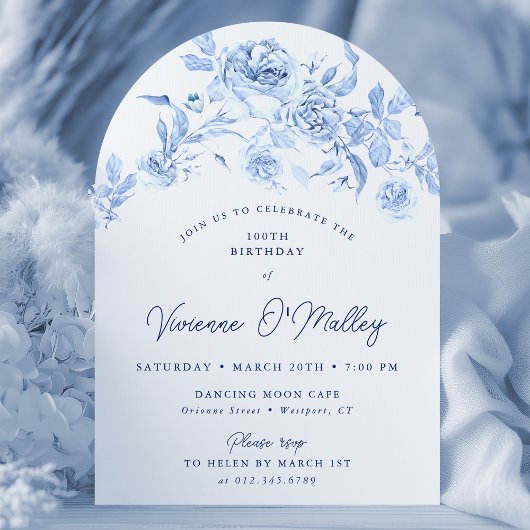 Invitation 100e anniversaire de fête bleu Floral Arch Forme