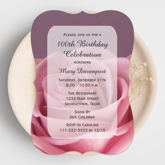 Invitation 100e anniversaire de fête Rose Beauté