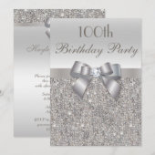 Invitation 100e anniversaire de fête Séquins d'argent, Bow &  (Devant / Derrière)