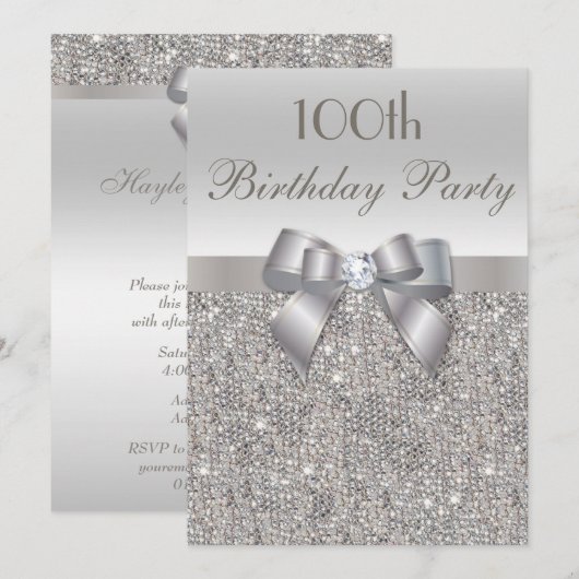 Invitation 100e anniversaire de fête Séquins d'argent, Bow &  (Devant / Derrière)