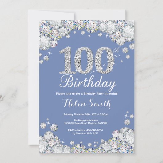 Invitation 100e anniversaire Diamant d'argent bleu (Devant)
