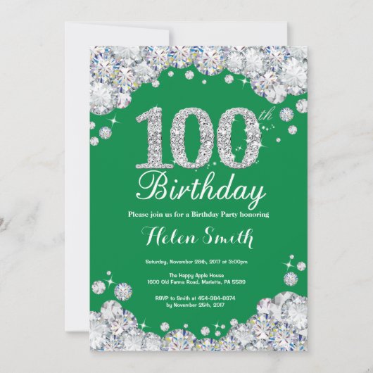 Invitation 100e anniversaire Diamant d'argent vert (Devant)