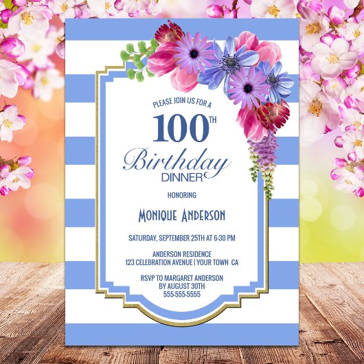 Invitation 100e anniversaire Dîner floral rayé bleu