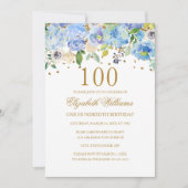 Invitation 100e anniversaire Elégant Blue Gold Floral Invitat (Devant)