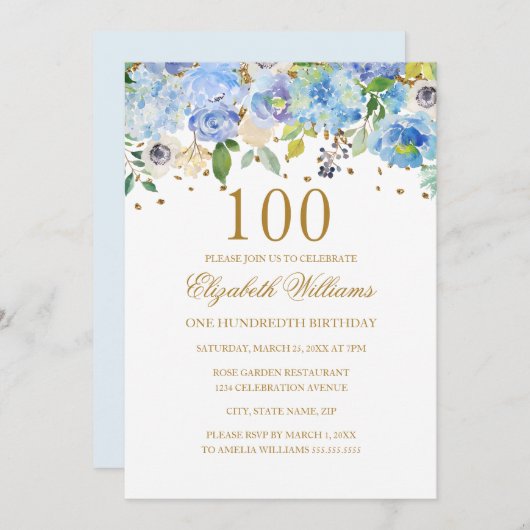Invitation 100e anniversaire Elégant Blue Gold Floral Invitat (Devant / Derrière)
