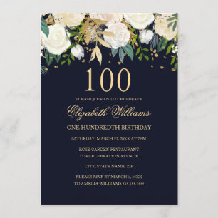 Invitation 100e anniversaire Elegant Navy Gold Floral Invitat