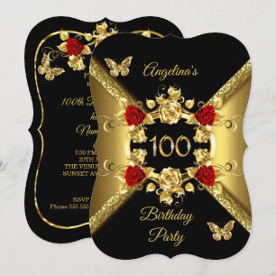 Invitation 100e Anniversaire Élégant Or Roses Rouges Noir
