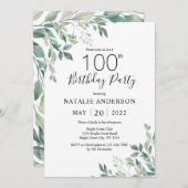 Invitation 100e anniversaire Elégant vert Eucalyptus verdure (Devant / Derrière)