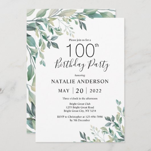 Invitation 100e anniversaire Elégant vert Eucalyptus verdure (Devant / Derrière)