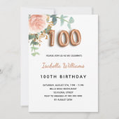 Invitation 100e anniversaire fleuri rose d'or eucalyptus feui (Devant)
