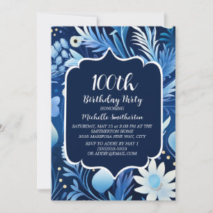 Invitation 100e anniversaire Fleurs Bleu Poussiére