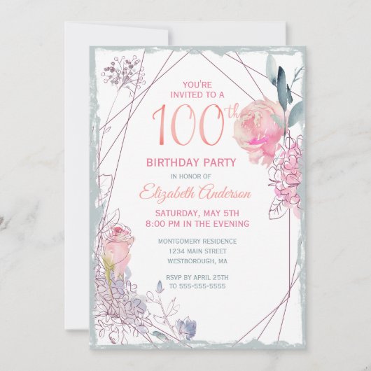 Invitation 100e anniversaire Floral Blush Rose Watercolor (Devant)