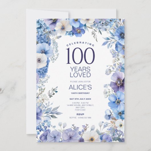 Invitation 100e anniversaire, Floral pourpre et bleu, Jalon (Devant)