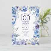 Invitation 100e anniversaire, Floral pourpre et bleu, Jalon (Debout devant)