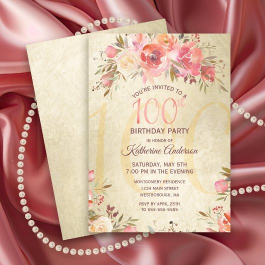 Invitation 100e anniversaire Floral Rose Gold Shimmer Party