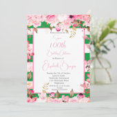 Invitation 100e anniversaire Floral Rose Green Pink Stripe (Debout devant)