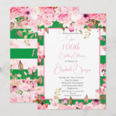 Invitation 100e anniversaire Floral Rose Green Pink Stripe (Devant / Derrière)