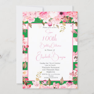 Invitation 100e anniversaire Floral Rose Green Pink Stripe