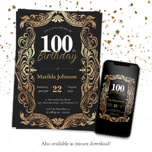 Invitation 100e Anniversaire Gold Noir Glamour Boho Vintage