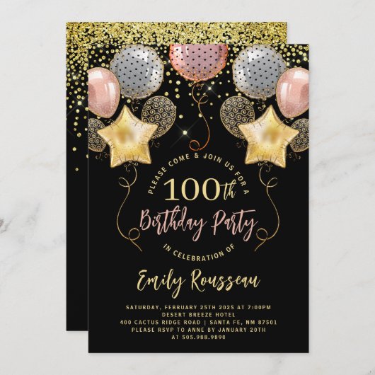 Invitation 100e anniversaire Gold Parties scintillant Ballons (Devant / Derrière)