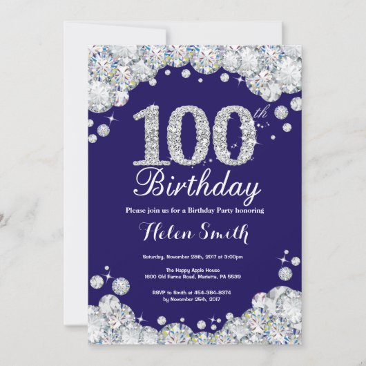 Invitation 100e anniversaire Marine Bleu Diamant d'argent (Devant)