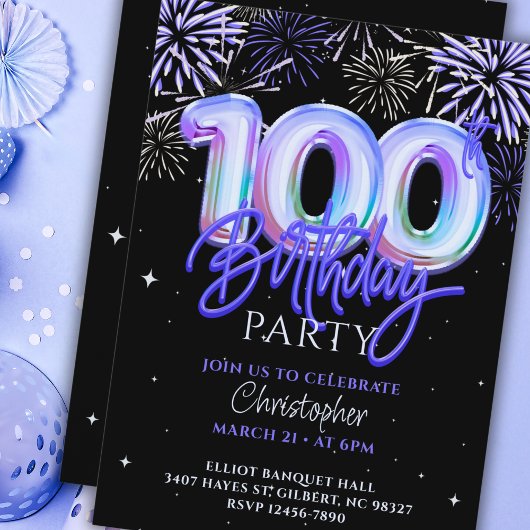 Invitation 100e anniversaire Mens Blue Fireworks Foil Balloon
