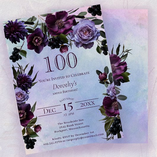 Invitation 100e anniversaire Moody Purple Gothic Flower