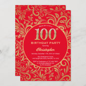 Invitation 100e anniversaire Motif Floral rouge et or (Devant / Derrière)