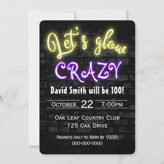 Invitation 100e anniversaire Neon Llow Sign on Brick (Devant)