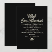 Invitation 100e Anniversaire Noir et Blanc Écriture Perle Arc (Devant / Derrière)