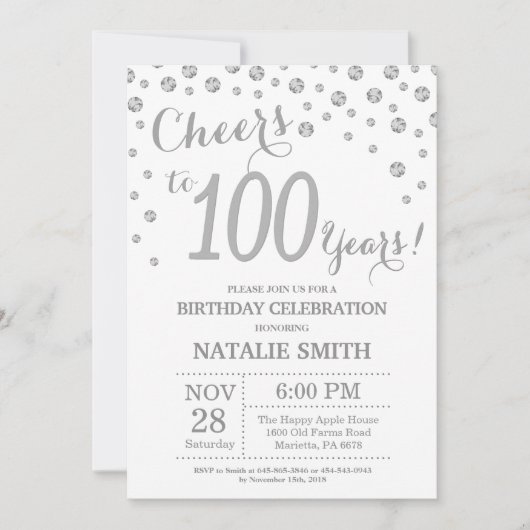 Invitation 100e anniversaire Parties scintillant d'argent Inv (Devant)