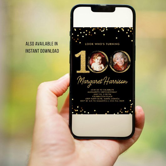 Invitation 100e anniversaire Parties scintillant d'or Confett