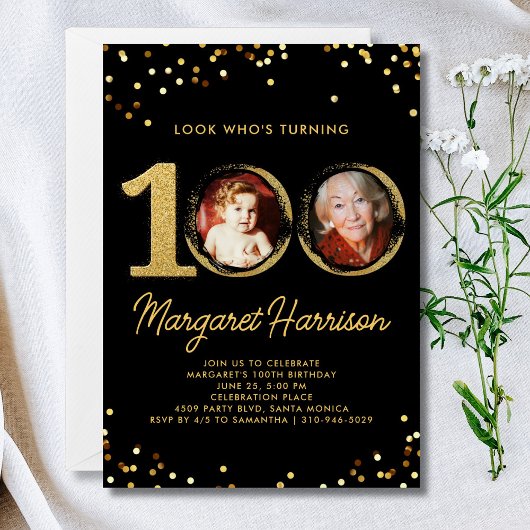 Invitation 100e anniversaire Parties scintillant d'or Confett