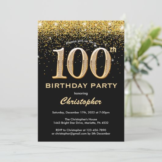 Invitation 100e anniversaire Parties scintillant Noir et Or C (Debout devant)