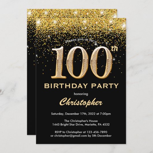 Invitation 100e anniversaire Parties scintillant Noir et Or C (Devant / Derrière)