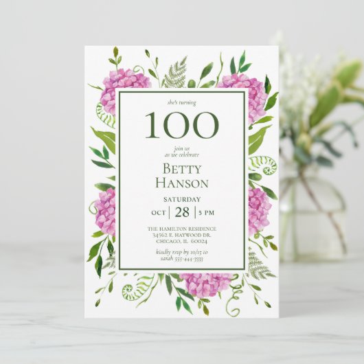 Invitation 100e anniversaire Pink Hydrangeas (Debout devant)