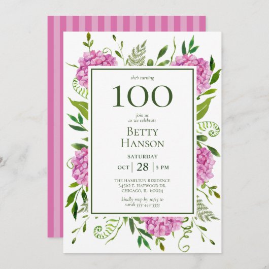 Invitation 100e anniversaire Pink Hydrangeas (Devant / Derrière)