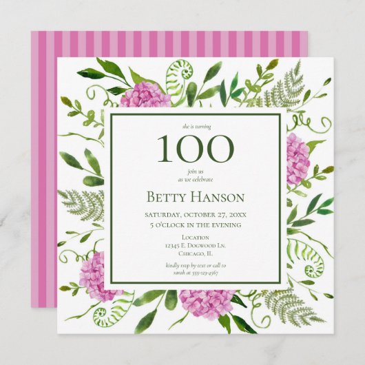 Invitation 100e anniversaire Pink Hydrangeas (Devant / Derrière)