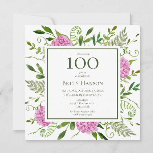 Invitation 100e anniversaire Pink Hydrangeas (Devant)