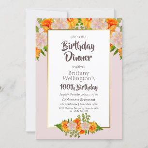 Invitation 100e anniversaire Pink Orange Gold Floral Party