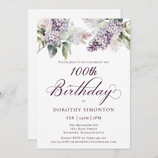 Invitation 100e anniversaire Purple Spring Fleur Lilac Invita (Devant / Derrière)