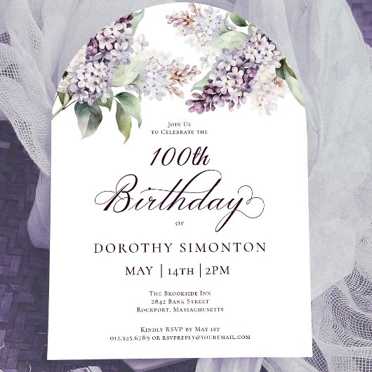 Invitation 100e anniversaire Purple Spring Lilac Arc de fleur