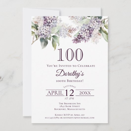 Invitation 100e anniversaire Purple Spring Lilac Fleur (Devant)