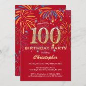 Invitation 100e anniversaire Red and Gold Rainbow Fireworks (Devant / Derrière)
