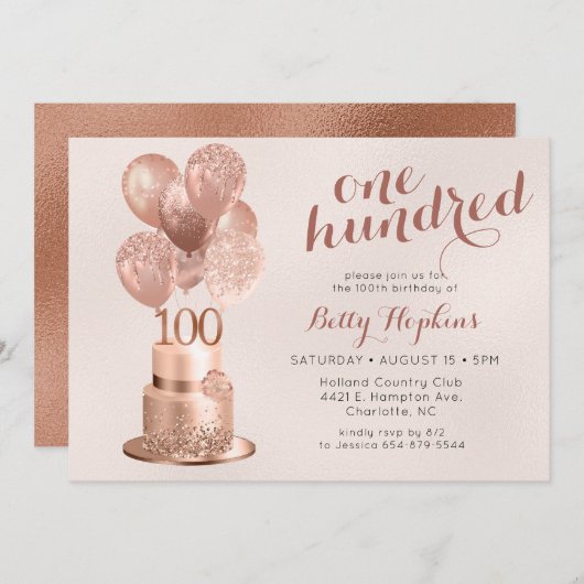 Invitation 100e anniversaire Rose Gold Cake (Devant / Derrière)