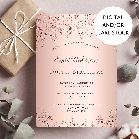 Invitation 100e anniversaire rose or étoiles sprinkle