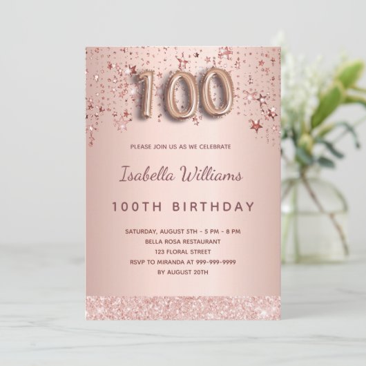 Invitation 100e anniversaire rose or rose étoiles script de b (Debout devant)