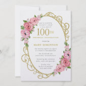 Invitation 100e anniversaire Rose Rose Floral Gold (Devant)