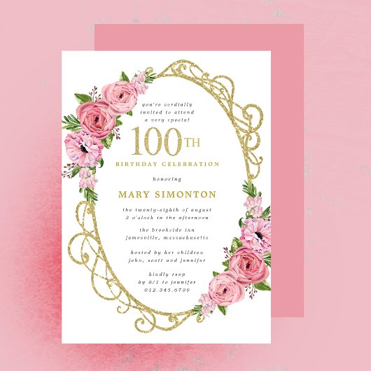 Invitation 100e anniversaire Rose Rose Floral Gold